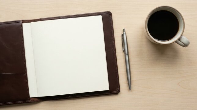 Top view of blank open notebook on modern corporate desk with pen and coffee cup