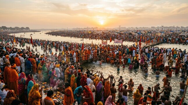 Colorful Festival Gathering by River at Sunset with Devotees Celebrating