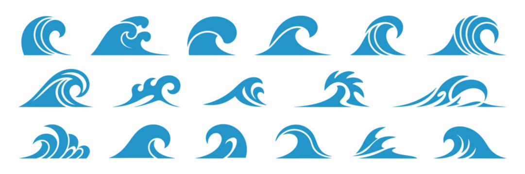 Blue ocean waves abstract sea silhouette wave icon vector set, marine decorative water symbols with splashes, spray, tide and storm weather elements design.