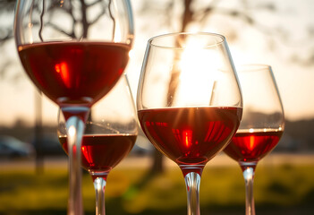 Obraz premium Red wine glasses with golden hour sunlight reflecting through the liquid, outdoor celebration and relaxation concept, the setting suggests a pleasant gathering or a quiet moment enjoying a beverage