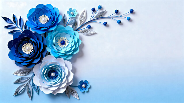 Handmade paper flowers in shades of blue with copy space for text handmade decoration background botanical creative celebration greeting invitation papercraft blooming romantic abstract