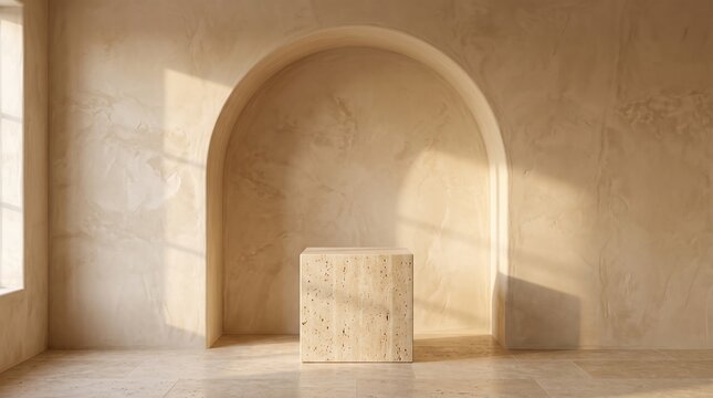 Minimalist Travertine Cube Podium in Sunlit Arched Wall Niche