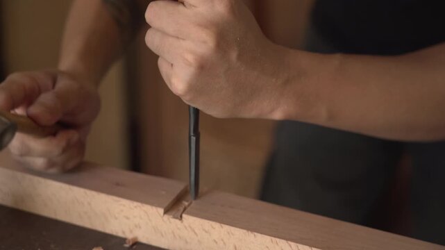 Close up of craftsman chiseling groove in wooden beam with mallet and chisel, removing wood to form joinery during woodworking process on workbench