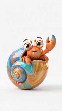 Cute cartoon hermit crab waving claw from colorful swirled shell
