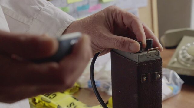 A close-up of an investigator tuning an old-school desktop radio transceiver in a dimly lit office. Great for vintage police procedurals, espionage period pieces, and cold war dramas.