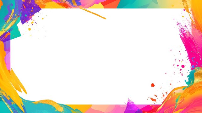 A contemporary greeting card border with colorful geometric shapes, abstract paint splashes, gradient waves, gold foil highlights.