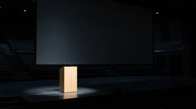 Empty wooden speaking podium on dark corporate stage with blank projection screen