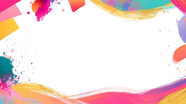 A contemporary greeting card border with colorful geometric shapes, abstract paint splashes, gradient waves, gold foil highlights.