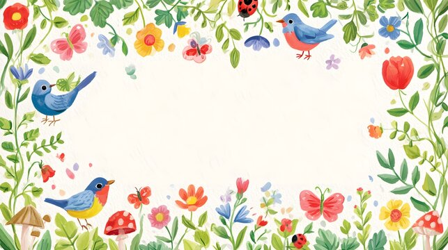 A whimsical greeting border with colorful birds, flowers, butterflies, ladybugs, vines, mushrooms, soft watercolor textures, bright spring colors.