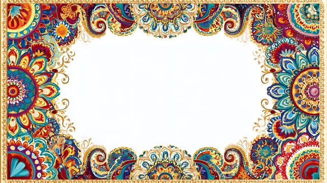 An intricate border combining colorful mandalas, floral patterns, paisley motifs, gold accents, vibrant jewel tones, symmetrical decorative frame.