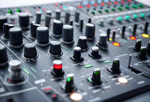 Professional audio mixer control panel with illuminated buttons and rotary knobs for sound engineering and music production