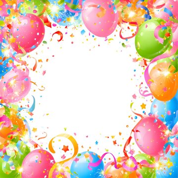 A colorful festive border featuring balloons, confetti, streamers, stars, ribbons, sparkling lights, bright gradients, playful and joyful design.
