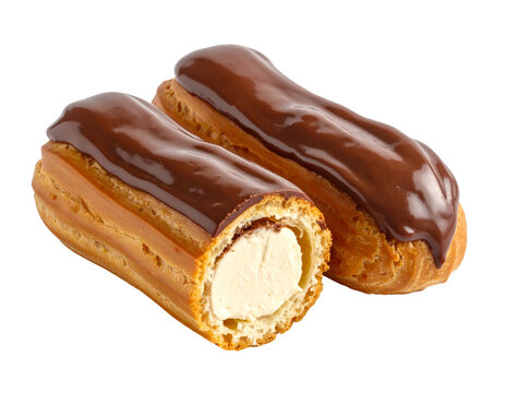 Two Delicious Chocolate Frosted Eclairs with Cream Filling on Black Background