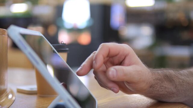 Hand taps tablet screen. Fingers interact with digital device. Person focused on task. Background blurred, indoor cafe setting. Useful for tech, business, or digital work themes
