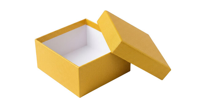 Open yellow gift box with lid isolated on transparent background