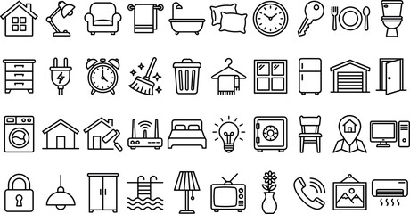 Fototapeta premium Real Estate and Home Automation Line Icon Set Featuring House Elements Furniture Appliances Security Systems Cleaning Tools and Smart Living Graphics