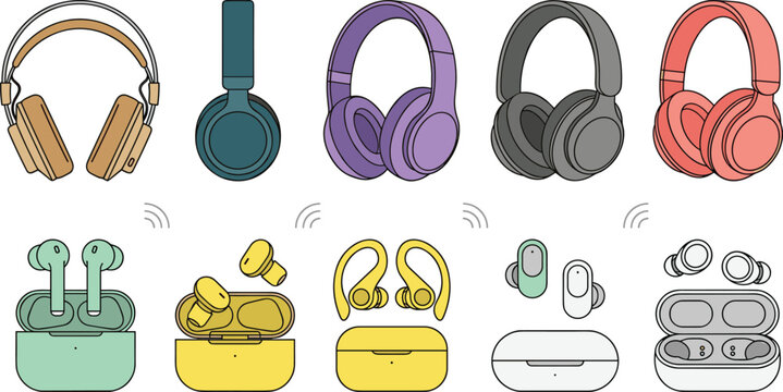 Wireless Earbuds and Over Ear Headphones Vector Collection with Bluetooth Audio Devices, Charging Cases, Studio Headsets, and Modern Personal Sound Accessories