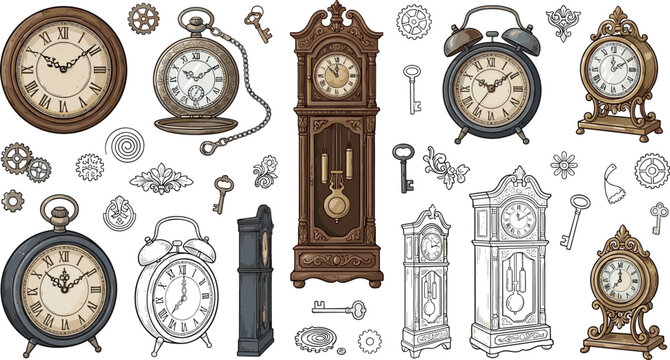 Vintage Antique Clock Vector Collection Featuring Grandfather, Pocket, Alarm, and Table Clocks with Hand Drawn Sketch Elements for Nostalgic Graphic Designs