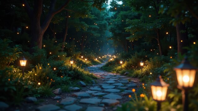 Glowing lanterns lighting a stone path in a dark forest at night