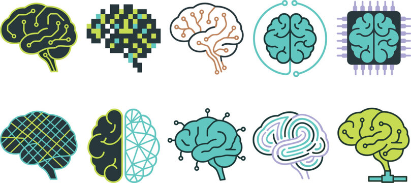 Artificial Intelligence Brain Icon Vector Collection with Neural Network, Digital Mind, Circuit Technology, Machine Learning, Pixel, Wireframe, and Futuristic AI Concepts