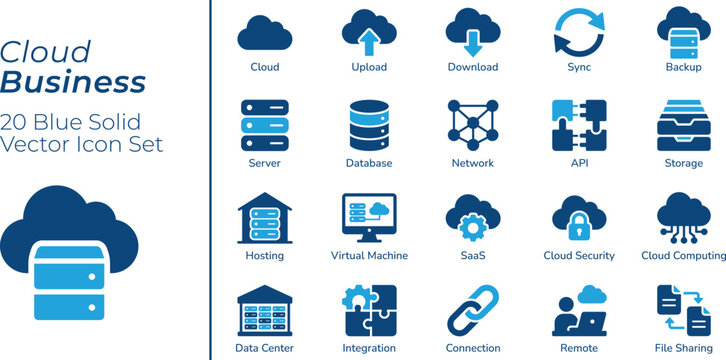 Cloud Business Icon Set, Cloud Computing, Server, Database, Hosting, SaaS, Cloud Security, Data Center, Blue Solid Vector Icons for Web and App