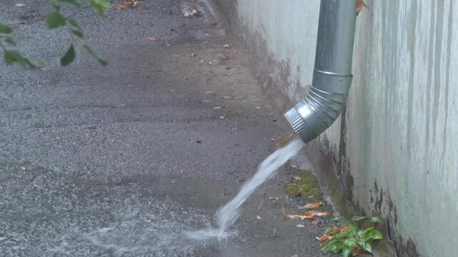 Rainwater pours from a downspout onto wet asphalt during a downpour