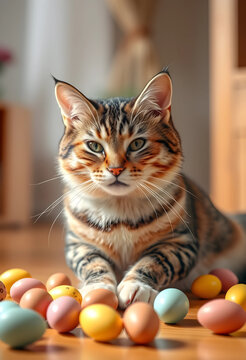 Tabby cat with green eyes and long whiskers lying on a wooden floor surrounded by colorful easter eggs, the cat is surrounded by an assortment of colorful pastel easter eggs