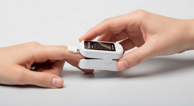 A person's finger is being placed into a white pulse oximeter device for health monitoring on a light surface