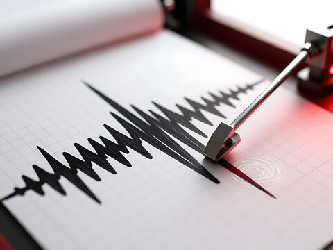 Close up of seismograph needle recording seismic activity waves on paper during earthquake event