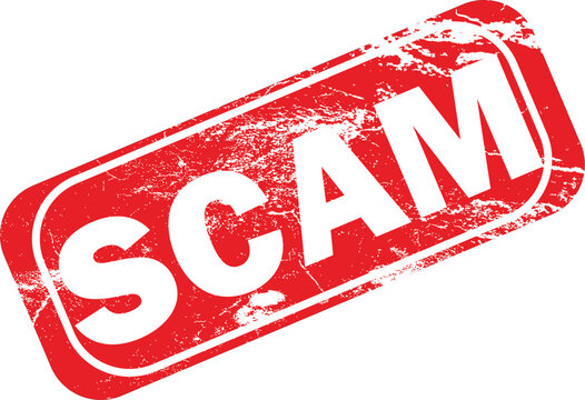 Grungy red scam rubber stamp vector, weathered fraud alert icon