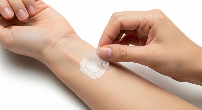 Close-up of a hand applying a skin allergy patch test to an arm for health diagnosis