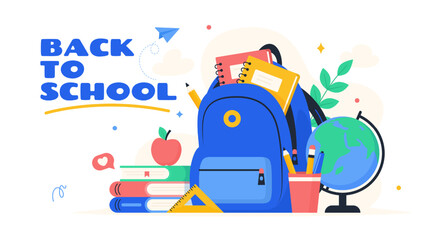 Fototapeta premium Back to school Flat vector illustration with backpack School supplies