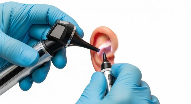 Close-up of a Medical Examination of the Human Ear with an Otoscope by a Doctor Wearing Blue Gloves