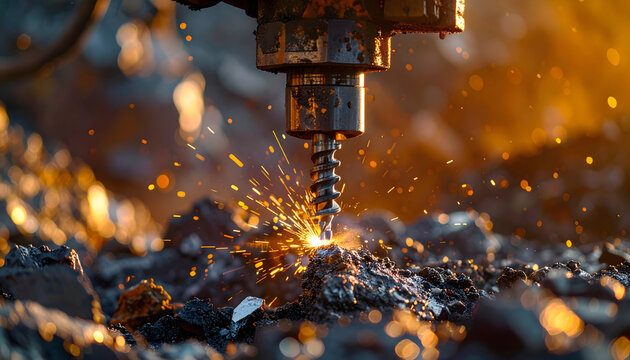 Industrial drilling process featuring bright sparks and dark mineral rock in a heavy machinery environment