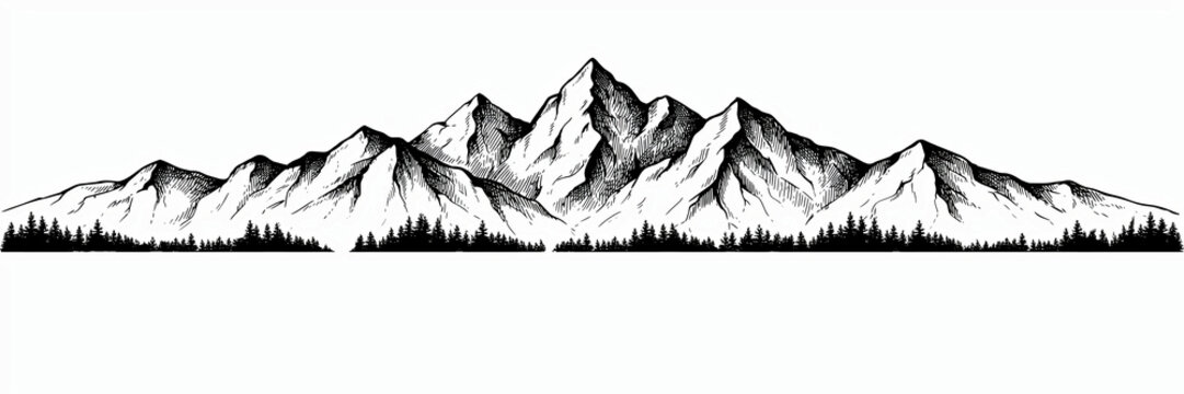 Panoramic black and white sketch of mountain range with pine tree silhouette