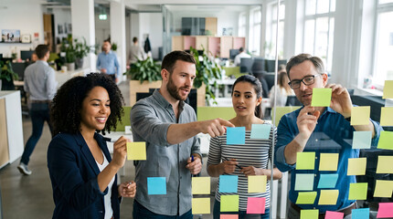 Obraz premium A diverse team of creative professionals collaboratively brainstorms ideas and organizes tasks by placing colorful sticky notes onto a clear glass wall in a bright, open-plan office setting.
