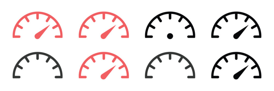 Speedometer vector icon with tachometer dial, vehicle speed indicator and automotive meter symbols in outline styles