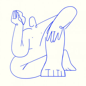 Abstract Person Sitting and Holding Lips in Minimal Blue Line Art
