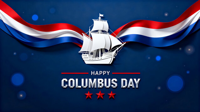 Columbus day holiday background with paper art ship and waving tricolor ribbon on dark blue columbus celebration tricolor patriotic nautical maritime exploration discovery navigation