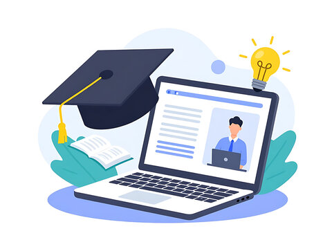Online education and e-learning concept illustration with laptop, graduation cap, book, and light bulb idea icon
