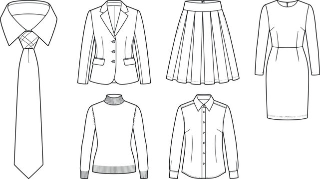 Formal Business Wear and Dress Code Clothing Line Icon Set Featuring Necktie Blazer Jacket Pleated Skirt Dress Turtleneck Sweater and Buttoned Shirt