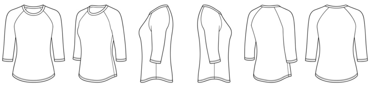 Women's raglan three quarter sleeve baseball tee flat sketch fashion illustration drawing template mock up with transparent background and multi views
