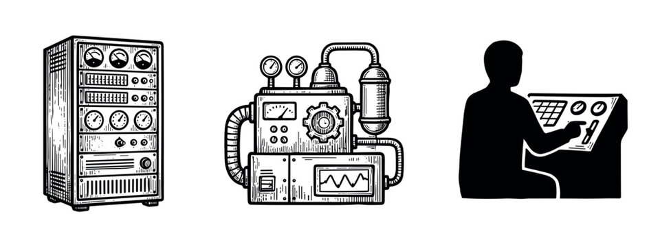 Collection of three vintage industrial illustrations featuring a server rack, a complex machine, and an operator silhouette, all rendered in a detailed black and white woodcut style