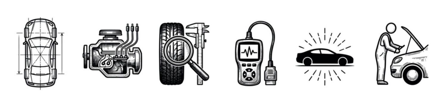 Set of car service and repair icons showing a vehicle alignment blueprint, engine, tire check, diagnostic scanner, and mechanic in a vintage hand-drawn engraving style