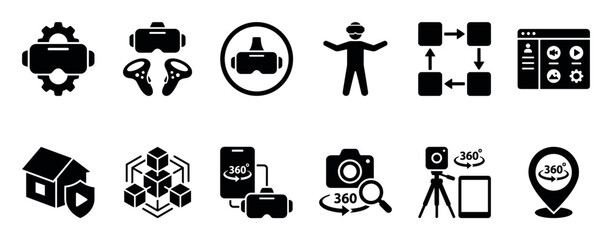 Set of black solid glyph icons representing virtual reality technology, including VR headsets, controllers, 360 degree cameras, and metaverse symbols for user interface design © Vladislav