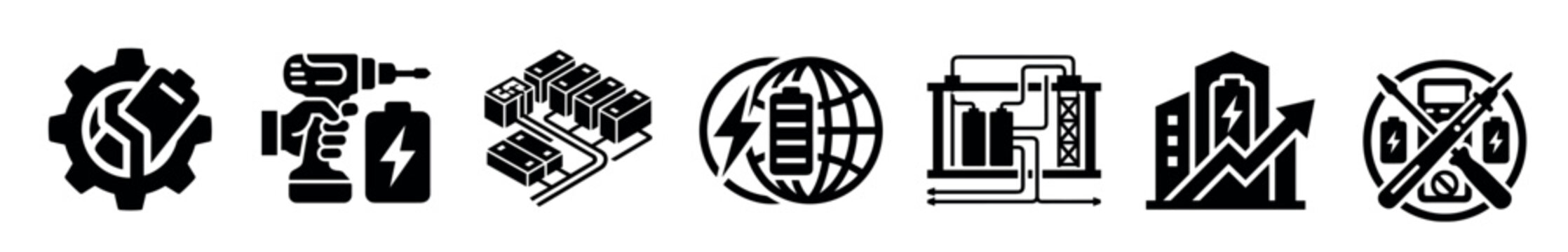 Black glyph icon set representing battery technology, energy storage systems, electric power tools, renewable global energy, and the transition from fossil fuels to electricity
