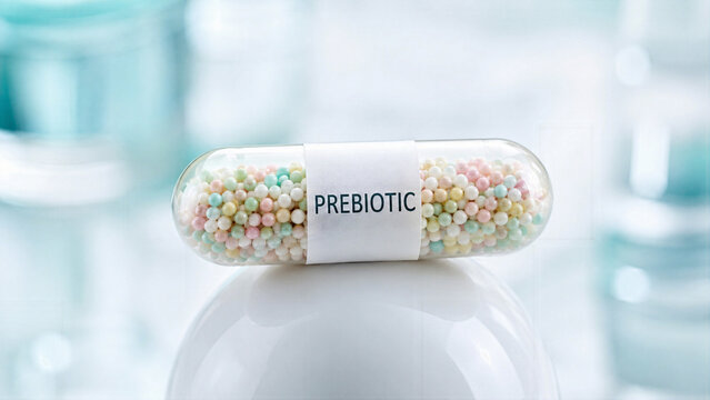 A capsule labeled prebiotic sits on a white surface. The capsule is filled with colorful beads. Soft light reflects off nearby objects, creating a bright atmosphere