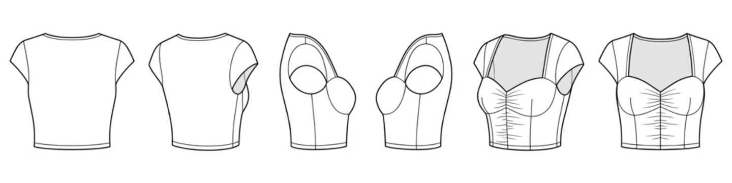 Women's sweetheart ruched crop top flat sketch fashion illustration drawing template mock up with transparent background and multi views