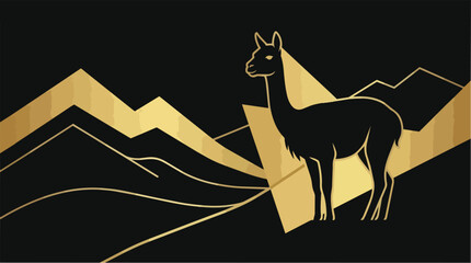 Fototapeta premium Gold and black llama silhouette standing in geometric mountain landscape vector illustration