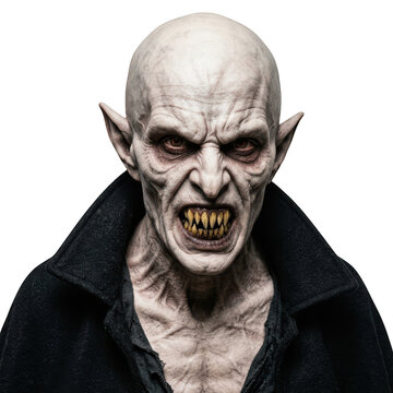 Portrait of a terrifying vampire with sharp fangs and pale skin isolated on transparent background